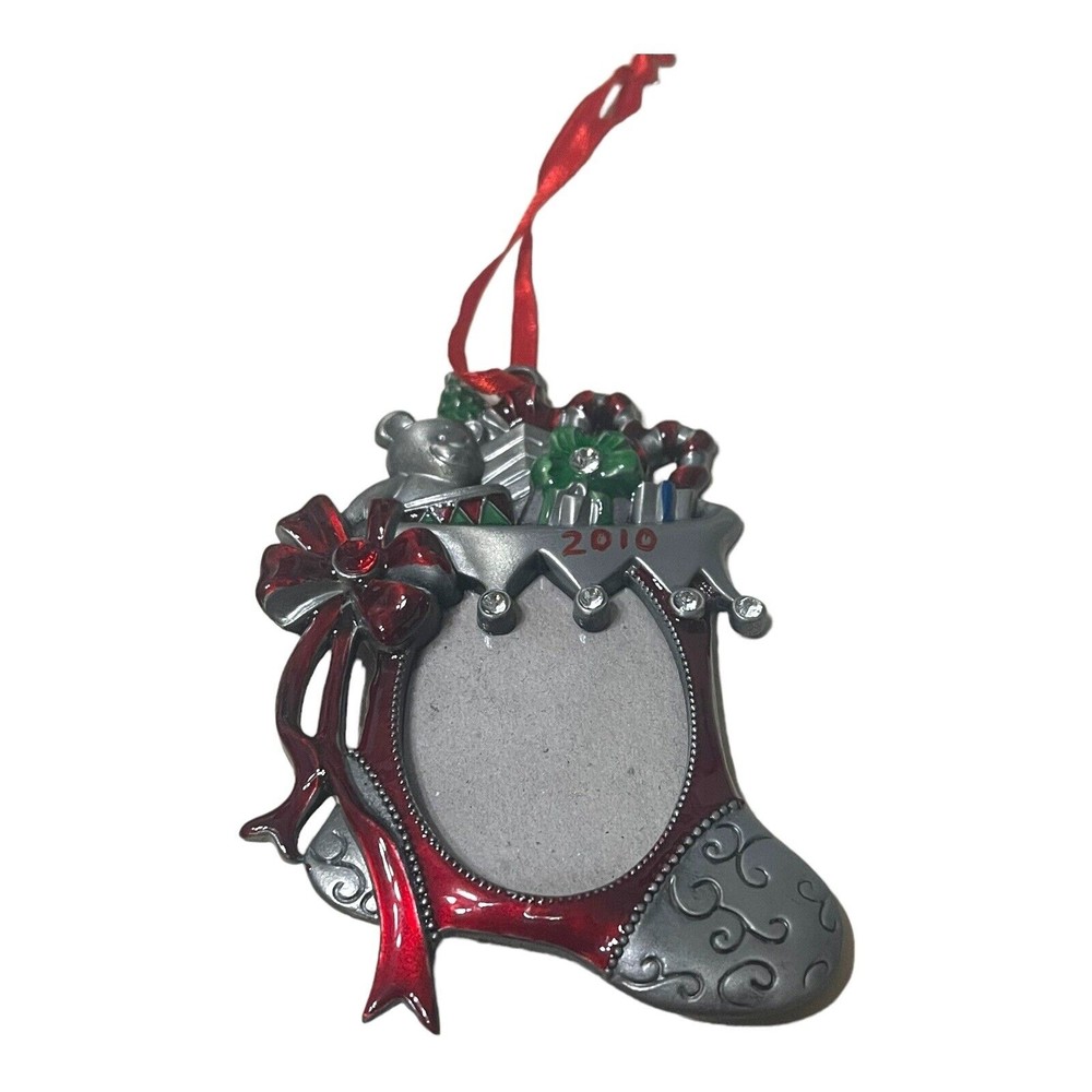 Metal 3X3.5" Stocking with Toys and Bow￼ Ornament Frame Holds 1.5" Oval Photo